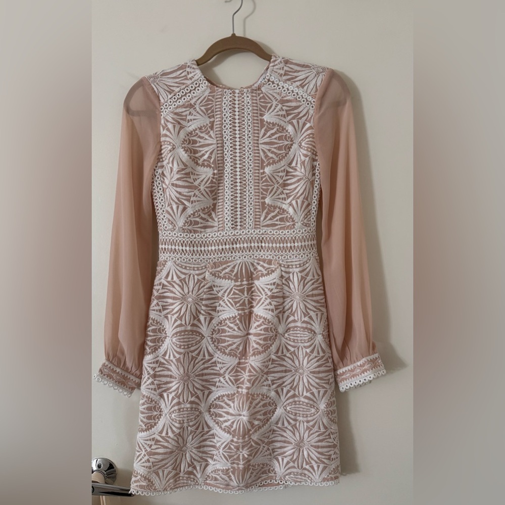 Reiss Aria Blush and White Lace Long-Sleeve Mini Lace Embroidery Dress